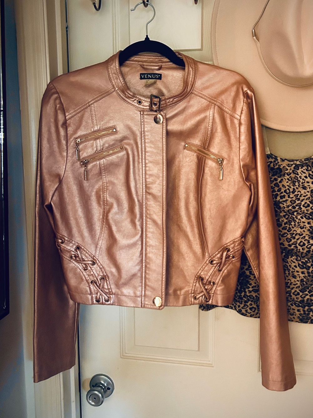 VENUS Metallic Rose Faux Leather Moto Jacket